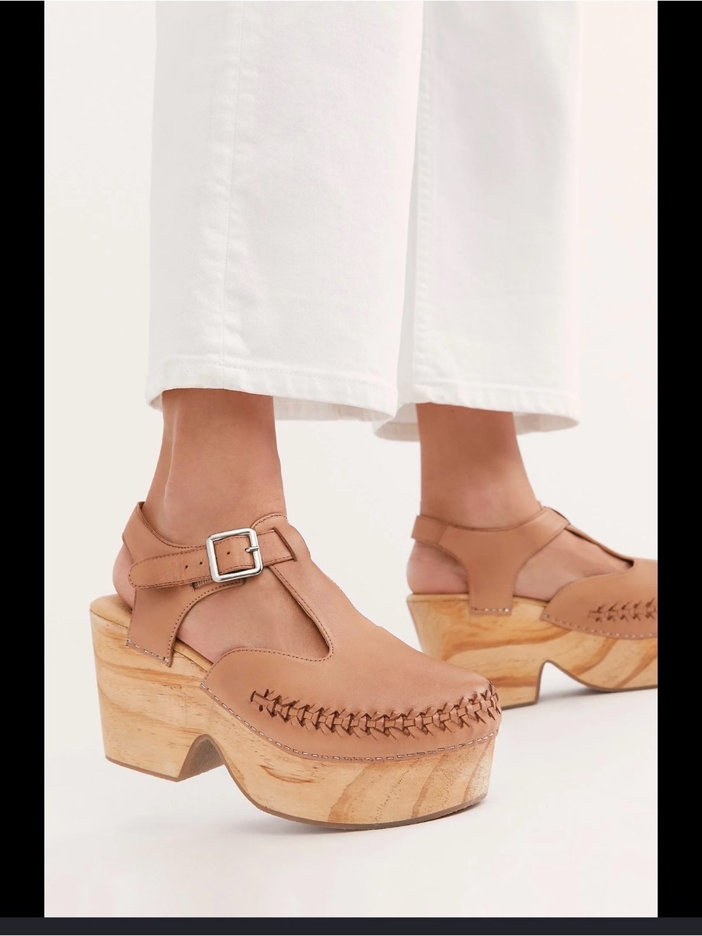 Free People Tan Leather Platform Mules with Buckle Strap